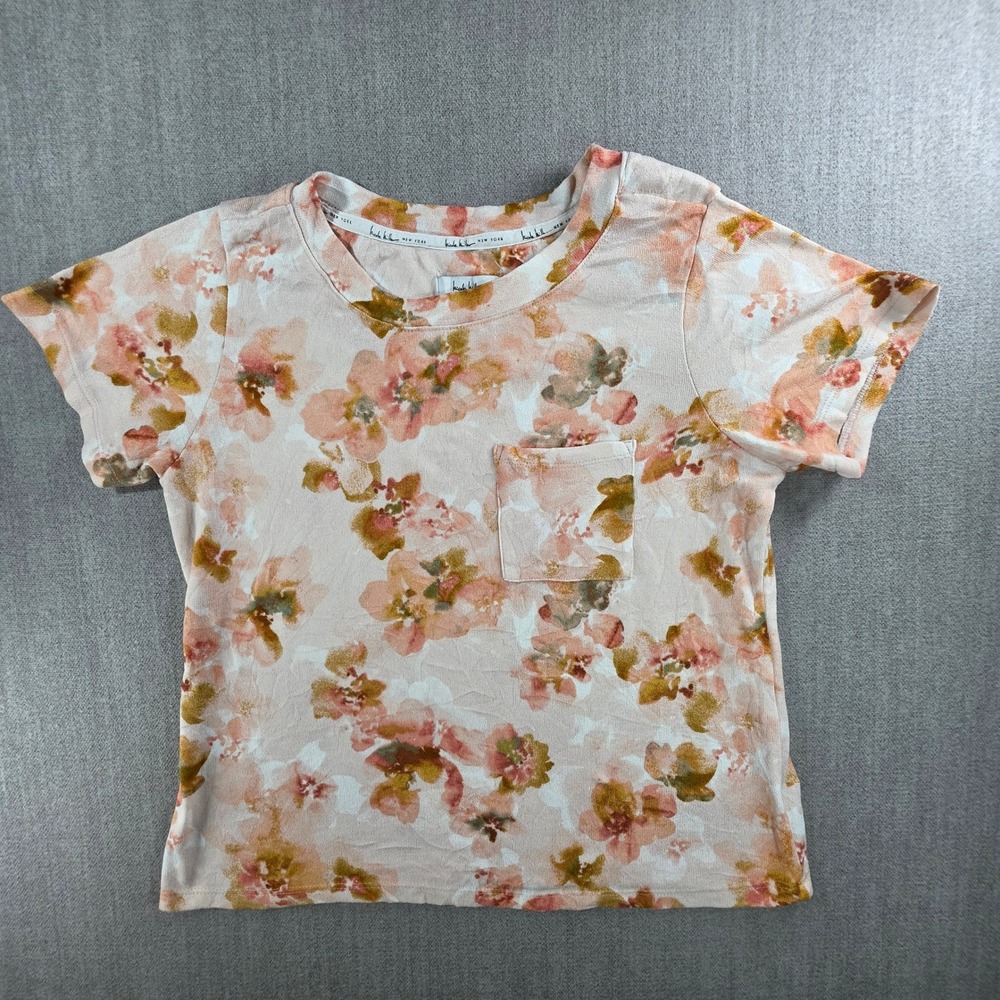 Nicole Miller Top Women Medium Pink Floral Pocket Short Sleeve Knit Tee